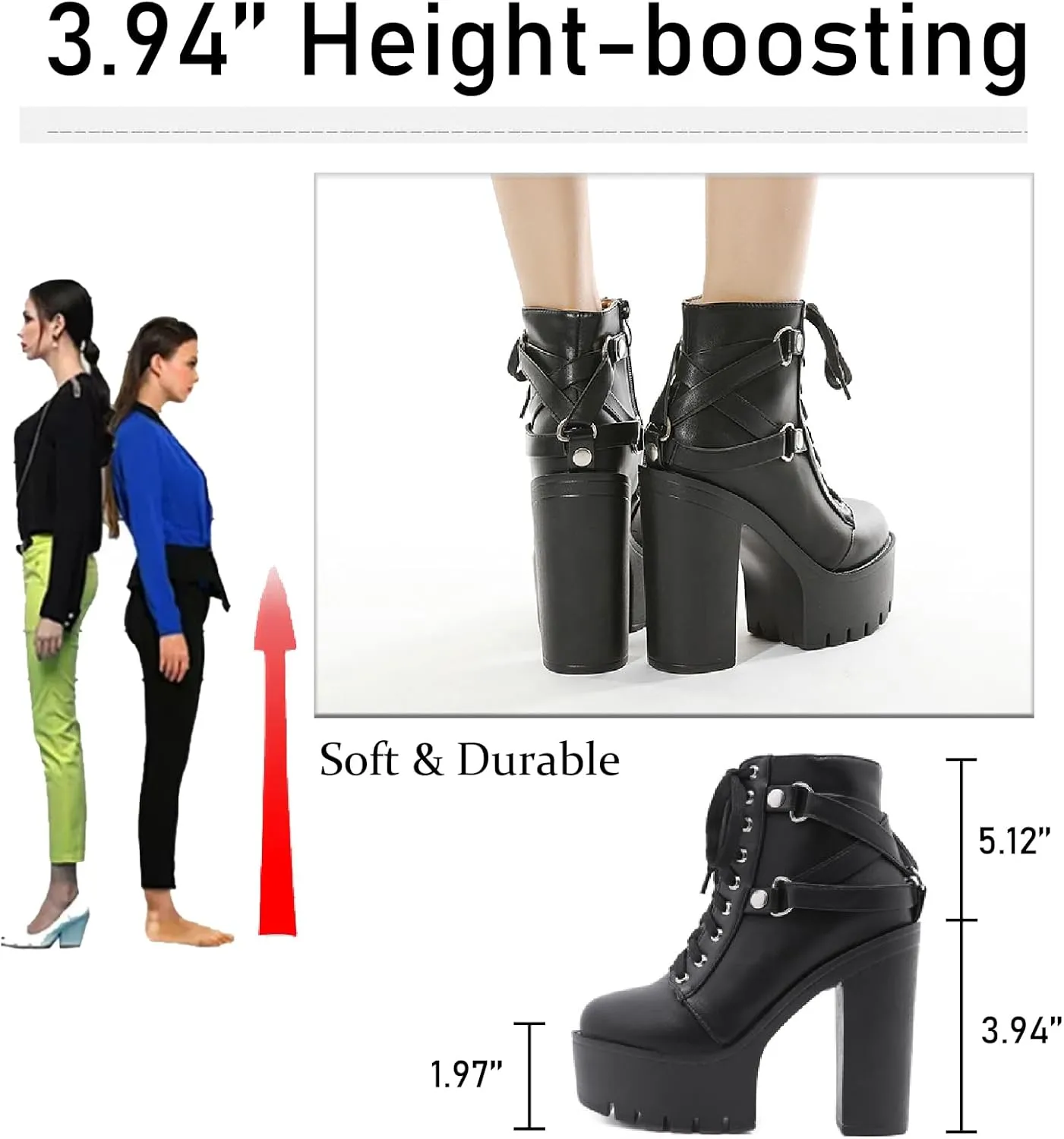 Women's Leather Platform High Heels Combat Ankle Boots With Side Zipper Fashion Comfort Round Toe Lace Up Lug Sole Chunky Heel Goth Booties for Party Prom Dress Boots