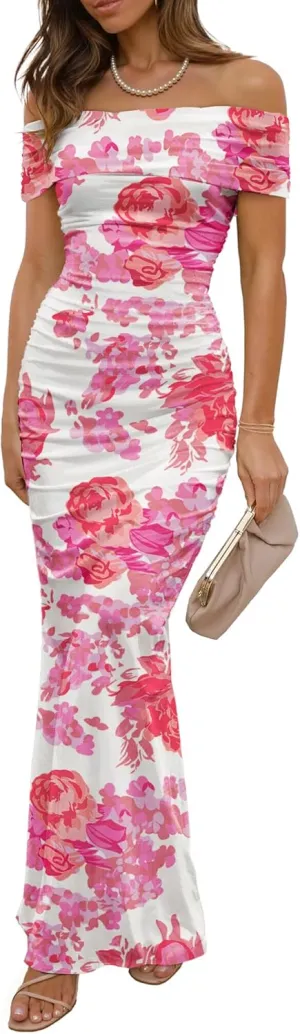 Women's Mesh Floral Maxi Dress 2025 Summer Off The Shoulder Ruched Bodycon Long Cocktail Party Fitted Dresses