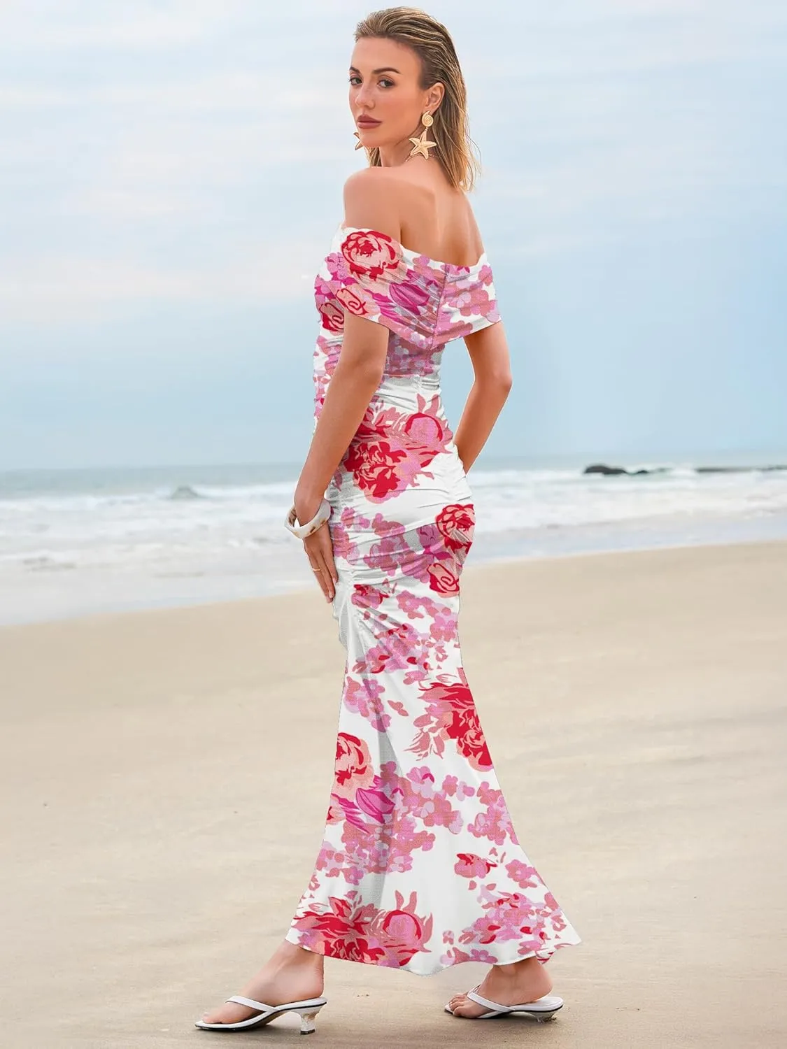 Women's Mesh Floral Maxi Dress 2025 Summer Off The Shoulder Ruched Bodycon Long Cocktail Party Fitted Dresses
