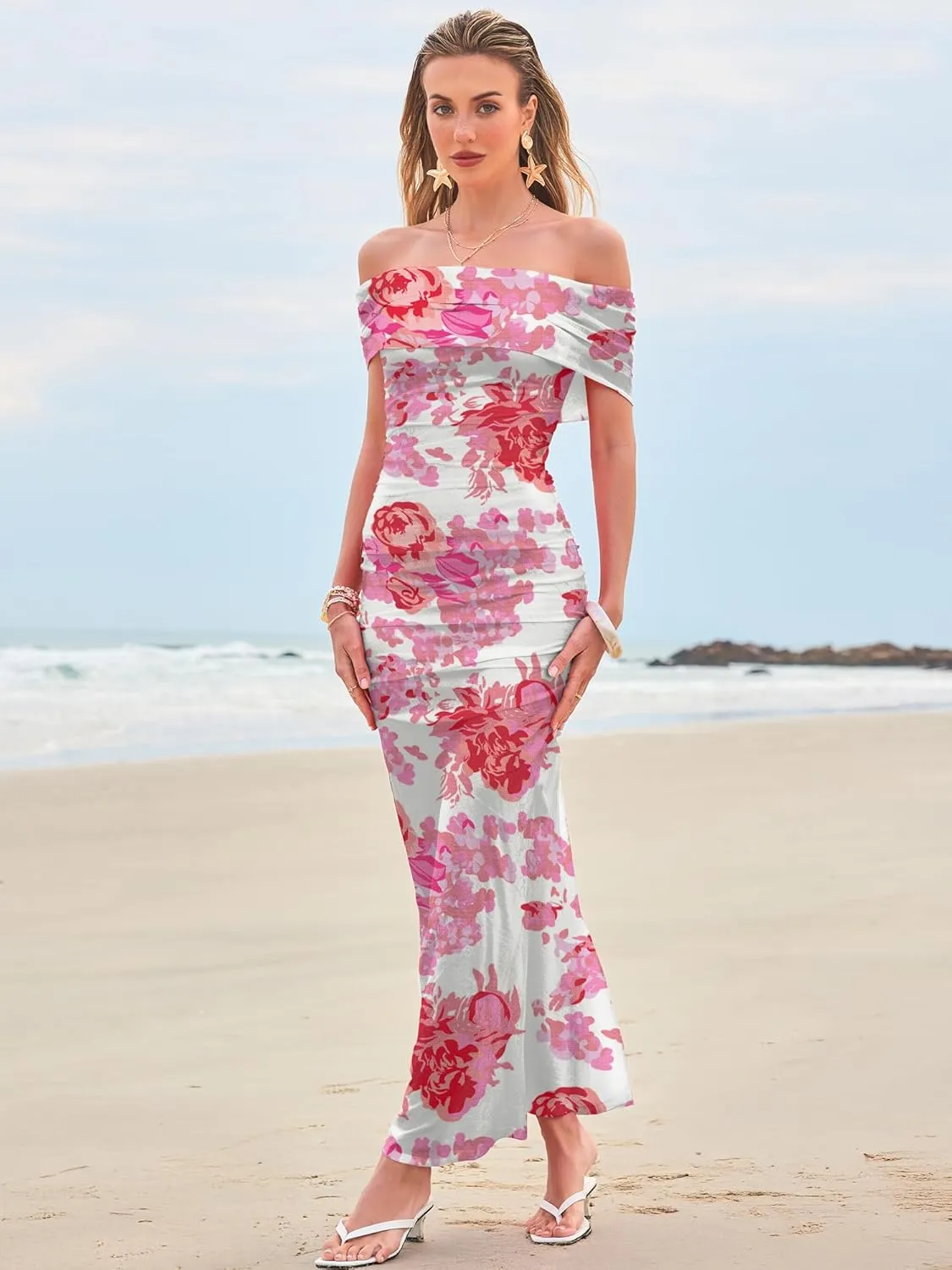 Women's Mesh Floral Maxi Dress 2025 Summer Off The Shoulder Ruched Bodycon Long Cocktail Party Fitted Dresses