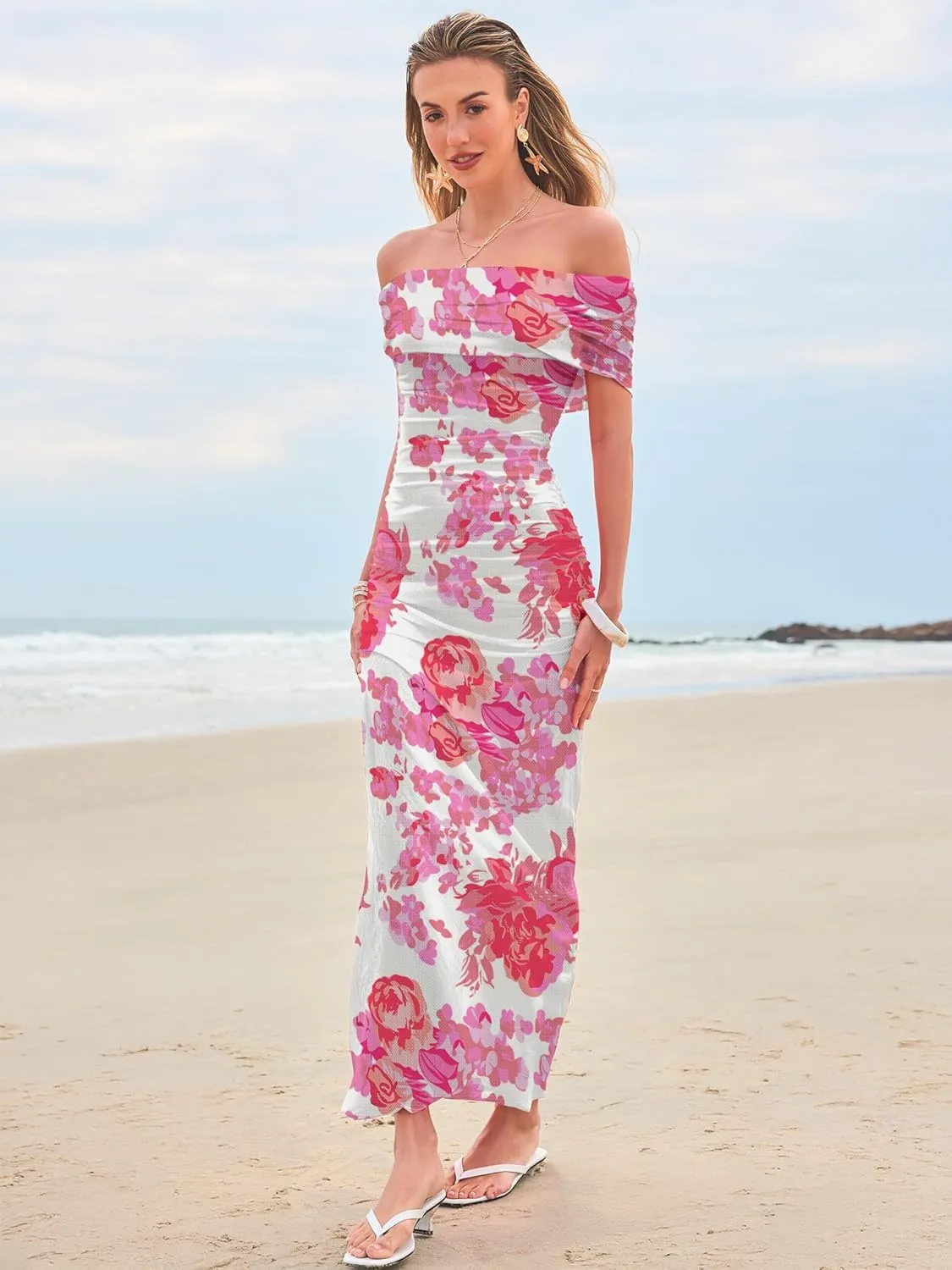 Women's Mesh Floral Maxi Dress 2025 Summer Off The Shoulder Ruched Bodycon Long Cocktail Party Fitted Dresses