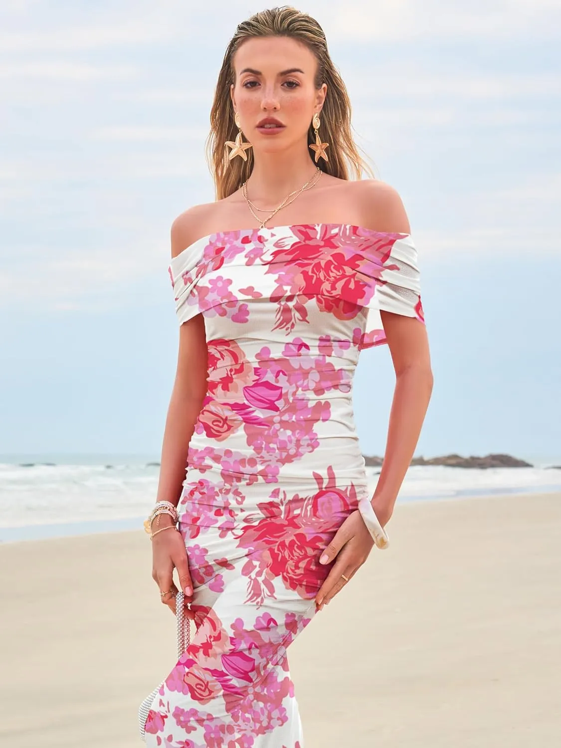 Women's Mesh Floral Maxi Dress 2025 Summer Off The Shoulder Ruched Bodycon Long Cocktail Party Fitted Dresses