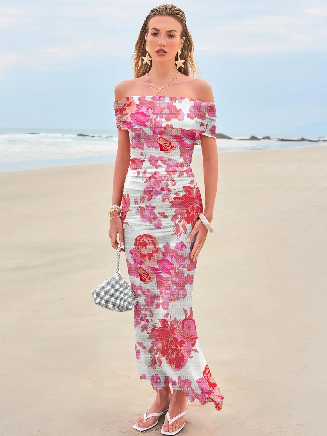 Women's Mesh Floral Maxi Dress 2025 Summer Off The Shoulder Ruched Bodycon Long Cocktail Party Fitted Dresses