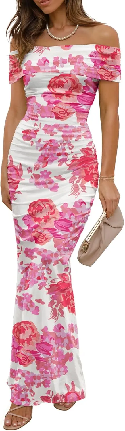 Women's Mesh Floral Maxi Dress 2025 Summer Off The Shoulder Ruched Bodycon Long Cocktail Party Fitted Dresses