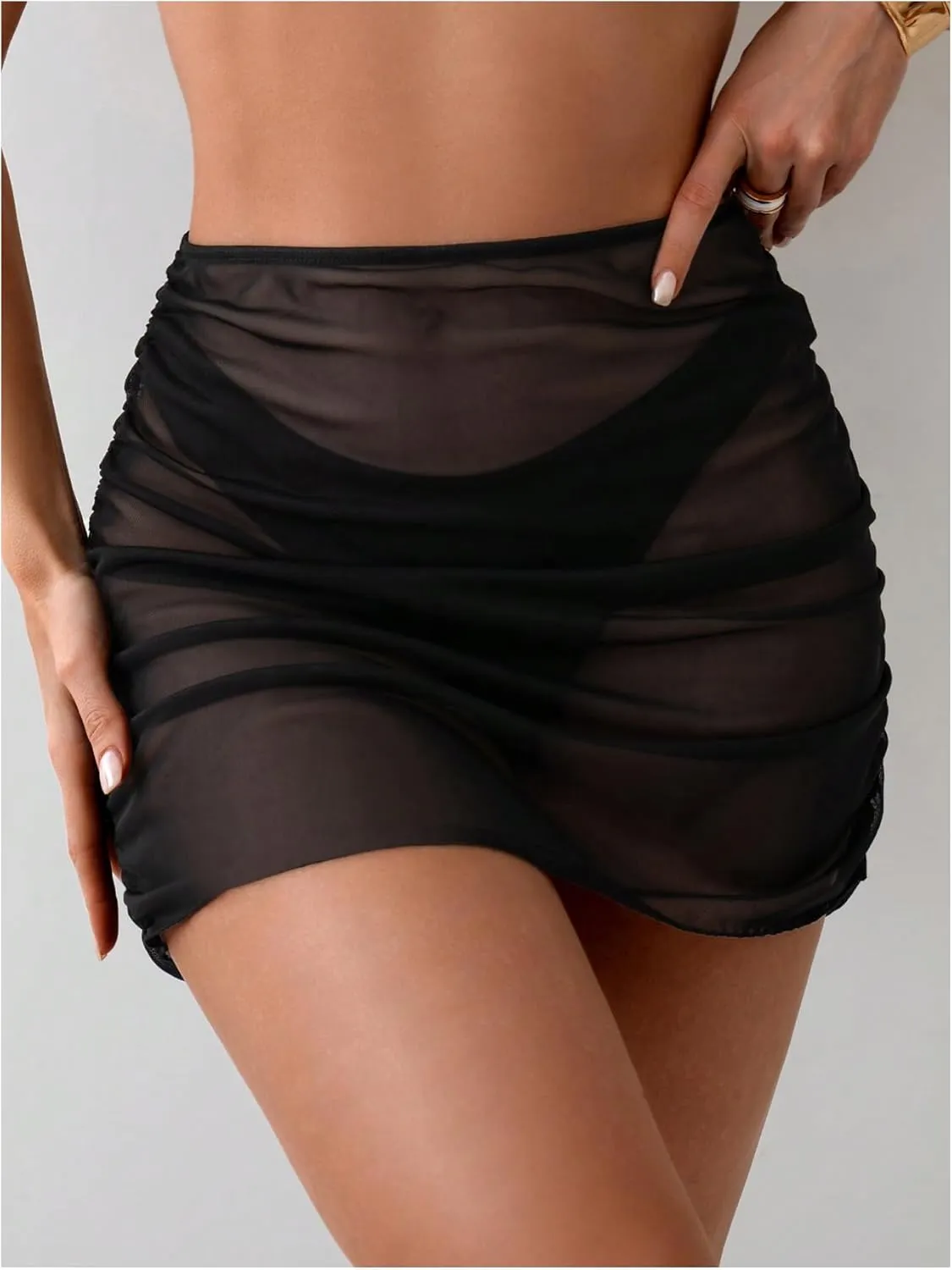 Women's Mesh Sheer High Waisted Bikini Cover Up Summer Swimsuits Bottoms Ruched Beach Skirts