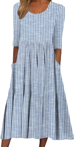 Women's Midi Dress Blue Striped Round Neck Half Sleeve Unique and Fresh 2025 Summer Spring Daily Commuting Dress