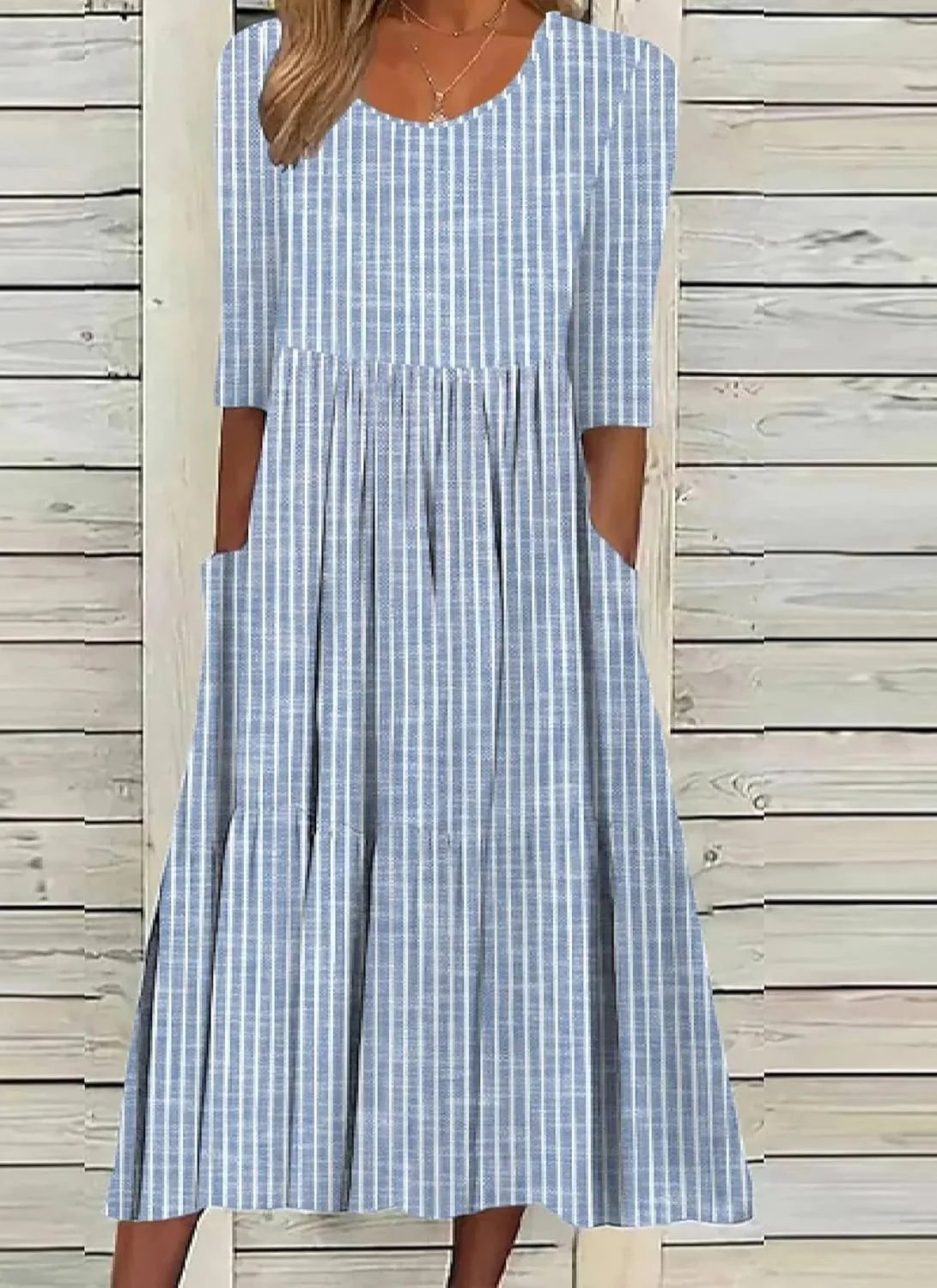 Women's Midi Dress Blue Striped Round Neck Half Sleeve Unique and Fresh 2025 Summer Spring Daily Commuting Dress