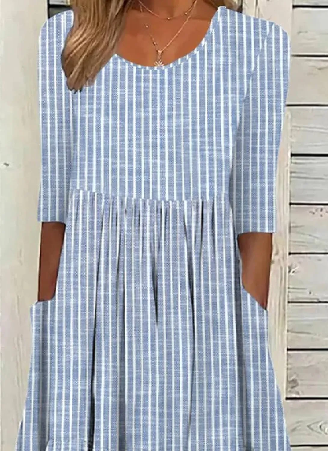 Women's Midi Dress Blue Striped Round Neck Half Sleeve Unique and Fresh 2025 Summer Spring Daily Commuting Dress