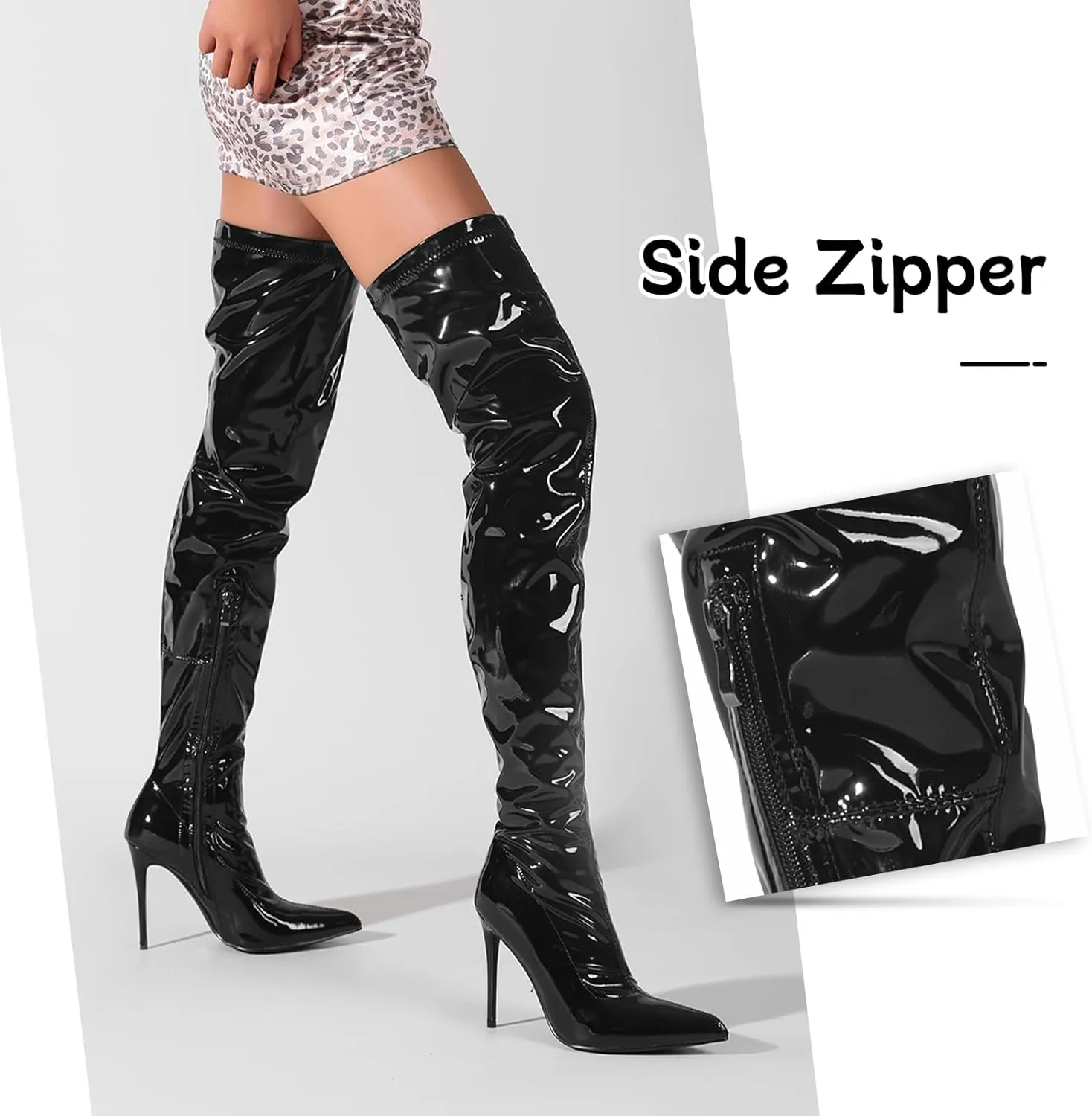 Women's Over The Knee Boots High with Pointy Toe Stretch Black Thigh High Boot for Dressy Lady Fashion Heeled Long Boots with Comfortable Leather Upper Casual Prom Party Wedding Shoes