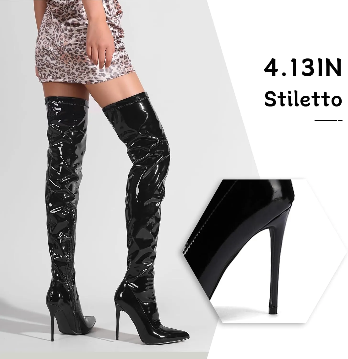 Women's Over The Knee Boots High with Pointy Toe Stretch Black Thigh High Boot for Dressy Lady Fashion Heeled Long Boots with Comfortable Leather Upper Casual Prom Party Wedding Shoes