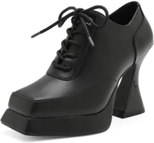 Women's Platform Pumps Patent Leather Chunky Heels Square Toe High Heel Booties Platform Boots for Women Dress Shoes