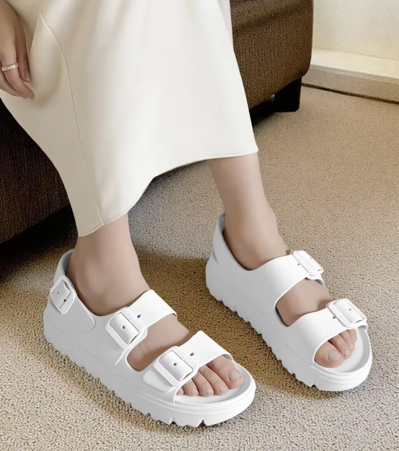 Womens Platform Sandals with Arch Support, Summer Beach Slides with Adjustable Buckle, Comfort Lightweight Chunky Cushion Slip on Sandal