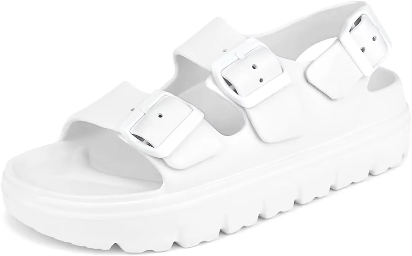 Womens Platform Sandals with Arch Support, Summer Beach Slides with Adjustable Buckle, Comfort Lightweight Chunky Cushion Slip on Sandal