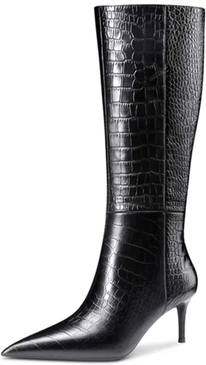 Women's Pointed Toe High Heel Fashion Knee High Boots Stretchy Wide Calf Mid Heel Long Boot