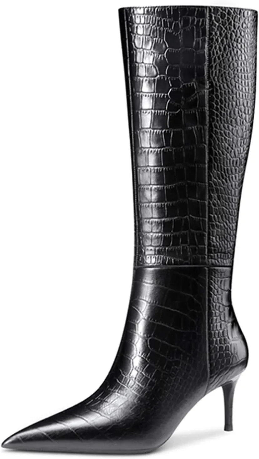 Women's Pointed Toe High Heel Fashion Knee High Boots Stretchy Wide Calf Mid Heel Long Boot