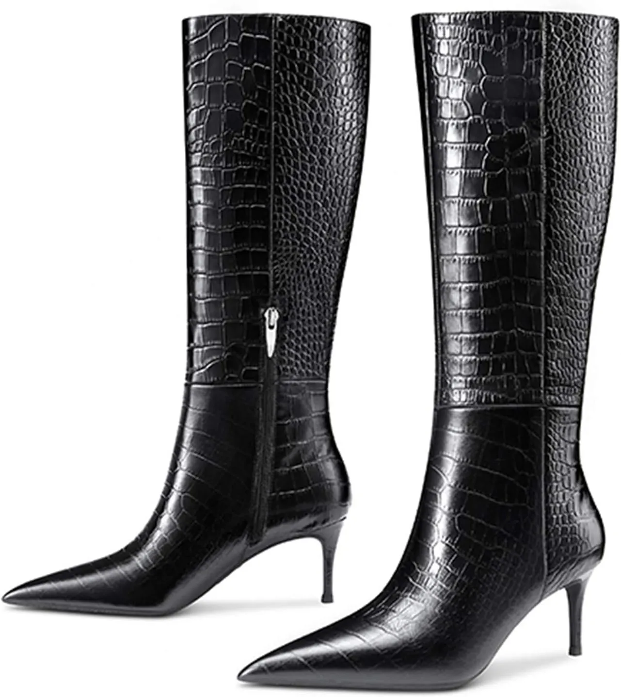 Women's Pointed Toe High Heel Fashion Knee High Boots Stretchy Wide Calf Mid Heel Long Boot