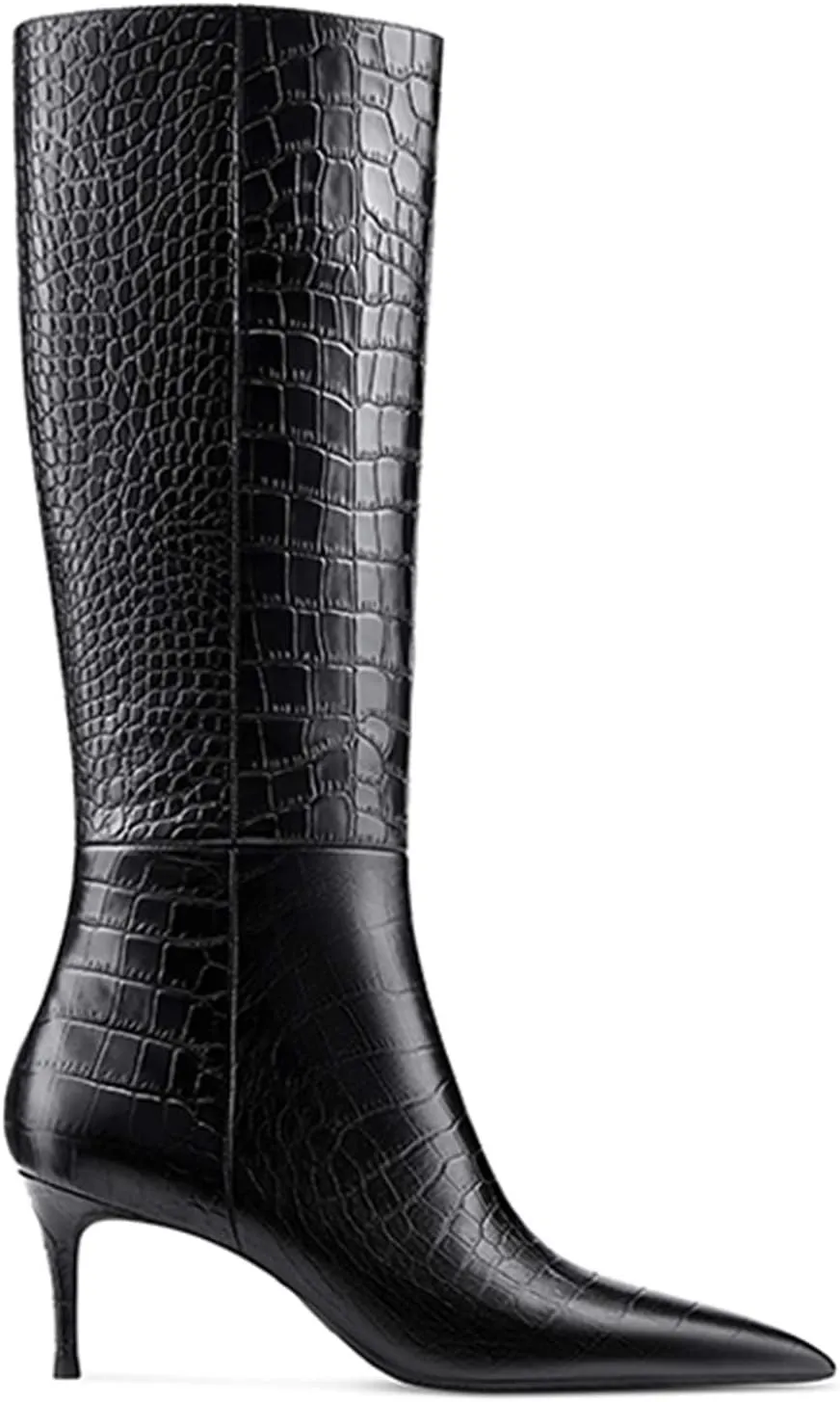 Women's Pointed Toe High Heel Fashion Knee High Boots Stretchy Wide Calf Mid Heel Long Boot