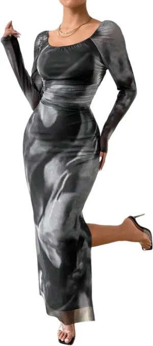 Women's Printed Off Shoulder Dress Long Sleeve Bodycon Maxi Dress Mesh Layered Side Slit
