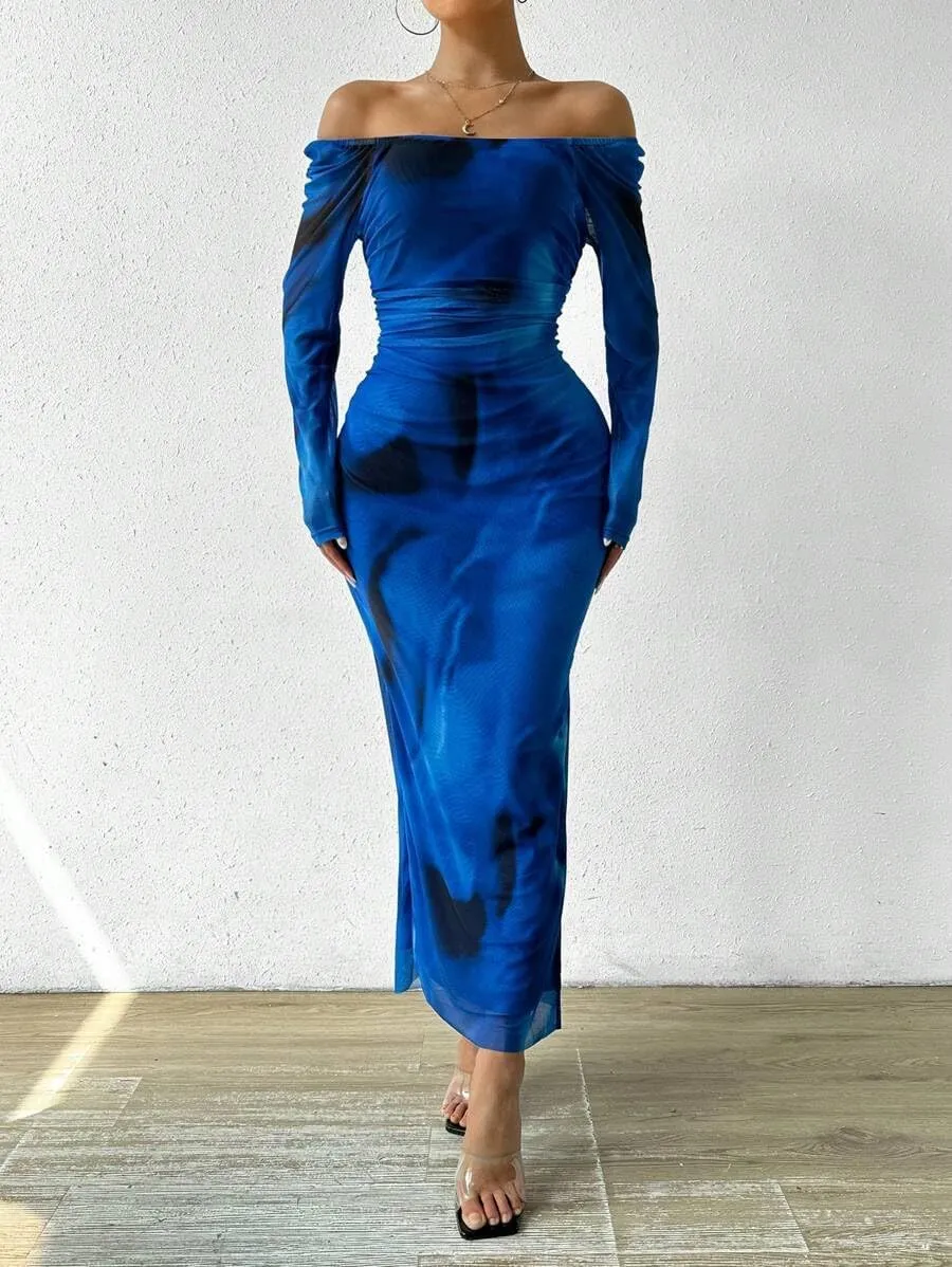 Women's Printed Off Shoulder Dress Long Sleeve Bodycon Maxi Dress Mesh Layered Side Slit