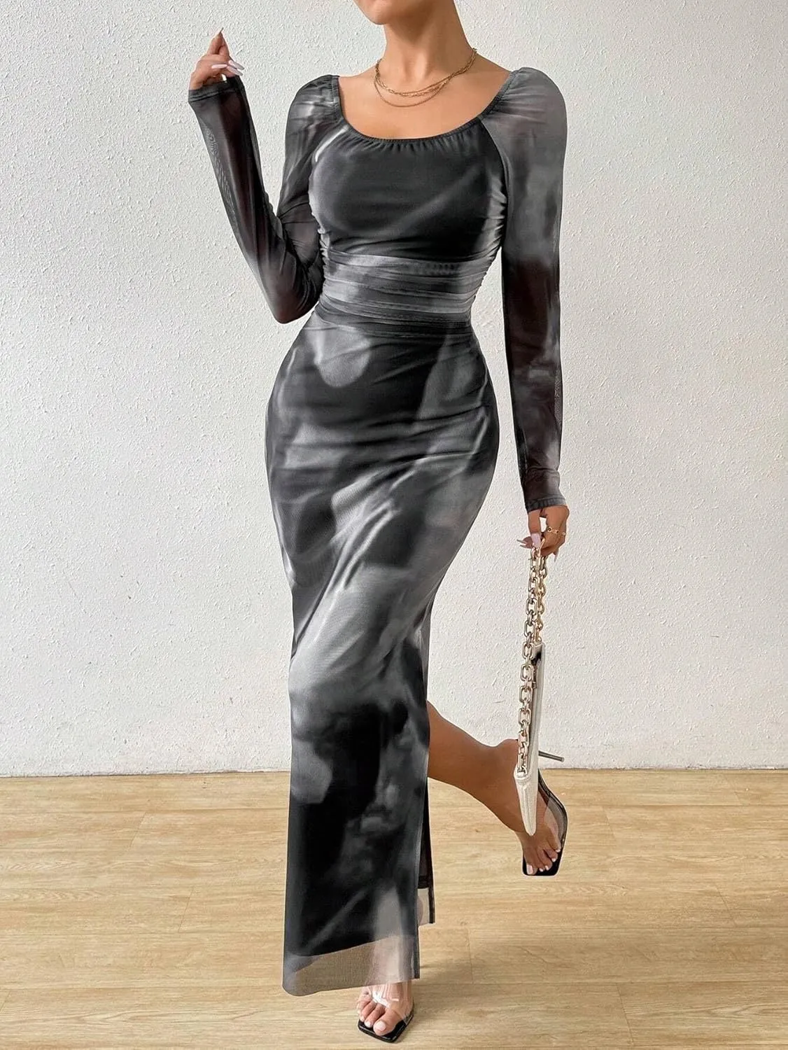 Women's Printed Off Shoulder Dress Long Sleeve Bodycon Maxi Dress Mesh Layered Side Slit