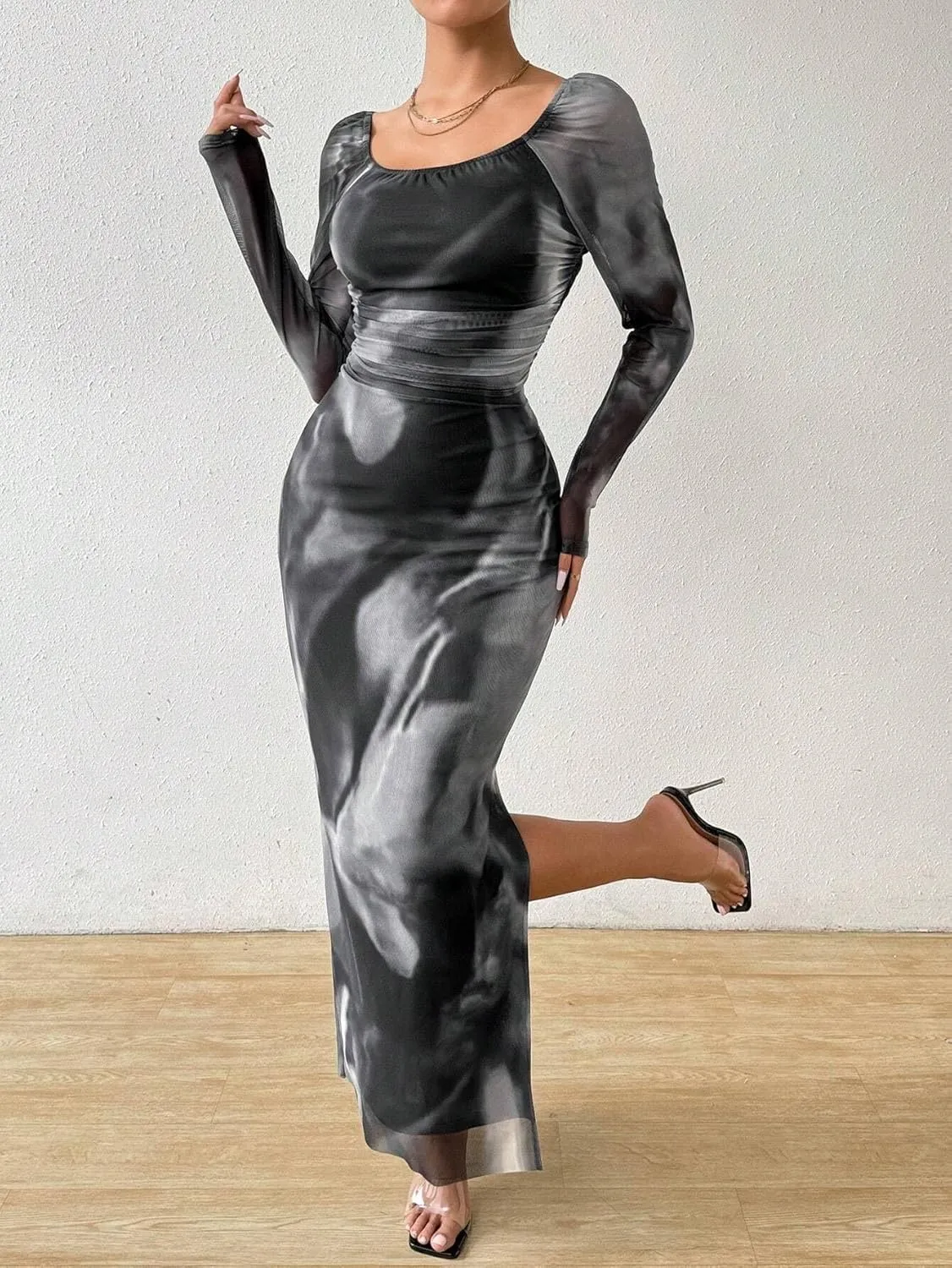 Women's Printed Off Shoulder Dress Long Sleeve Bodycon Maxi Dress Mesh Layered Side Slit