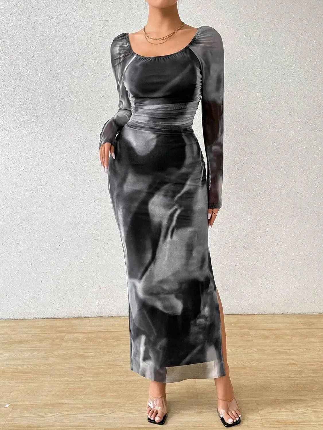 Women's Printed Off Shoulder Dress Long Sleeve Bodycon Maxi Dress Mesh Layered Side Slit