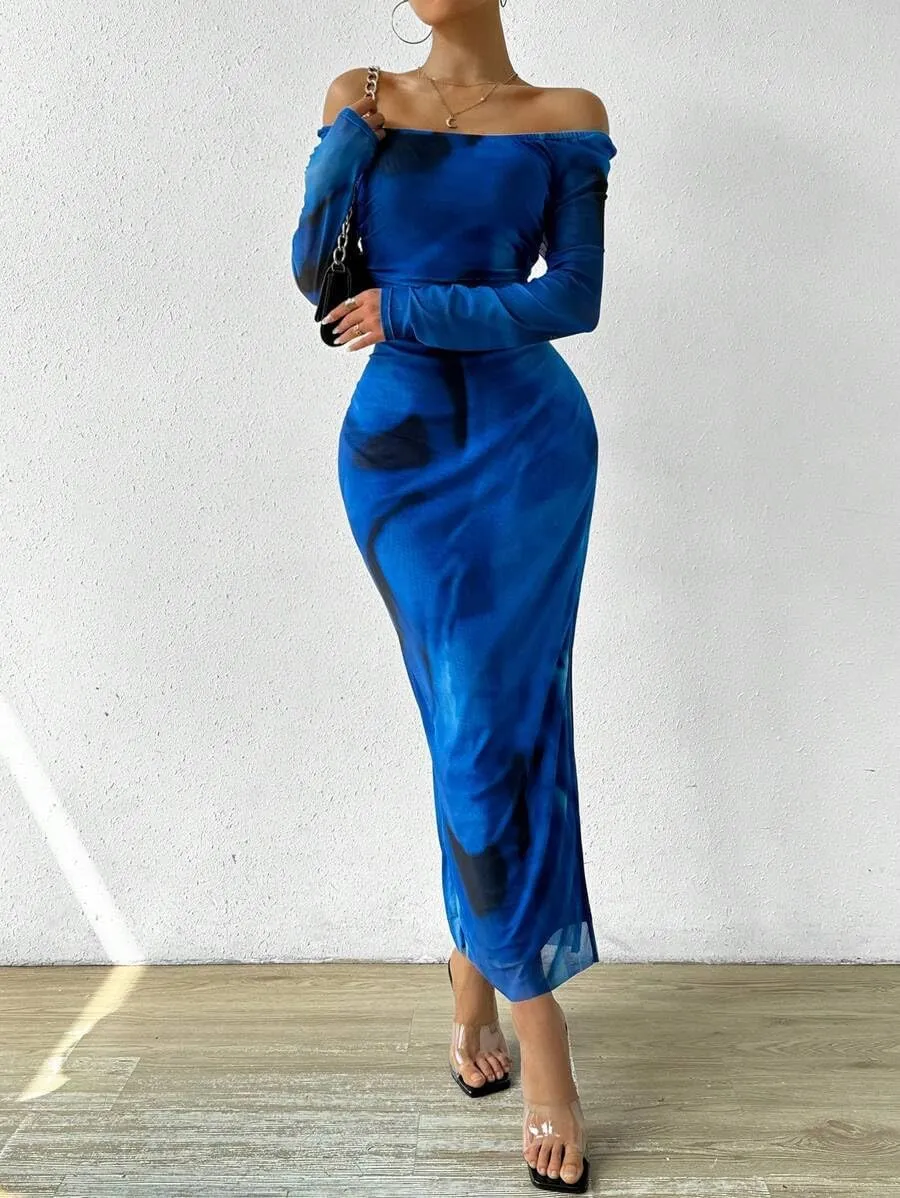 Women's Printed Off Shoulder Dress Long Sleeve Bodycon Maxi Dress Mesh Layered Side Slit