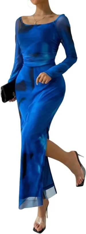 Women's Printed Off Shoulder Dress Long Sleeve Bodycon Maxi Dress Mesh Layered Side Slit