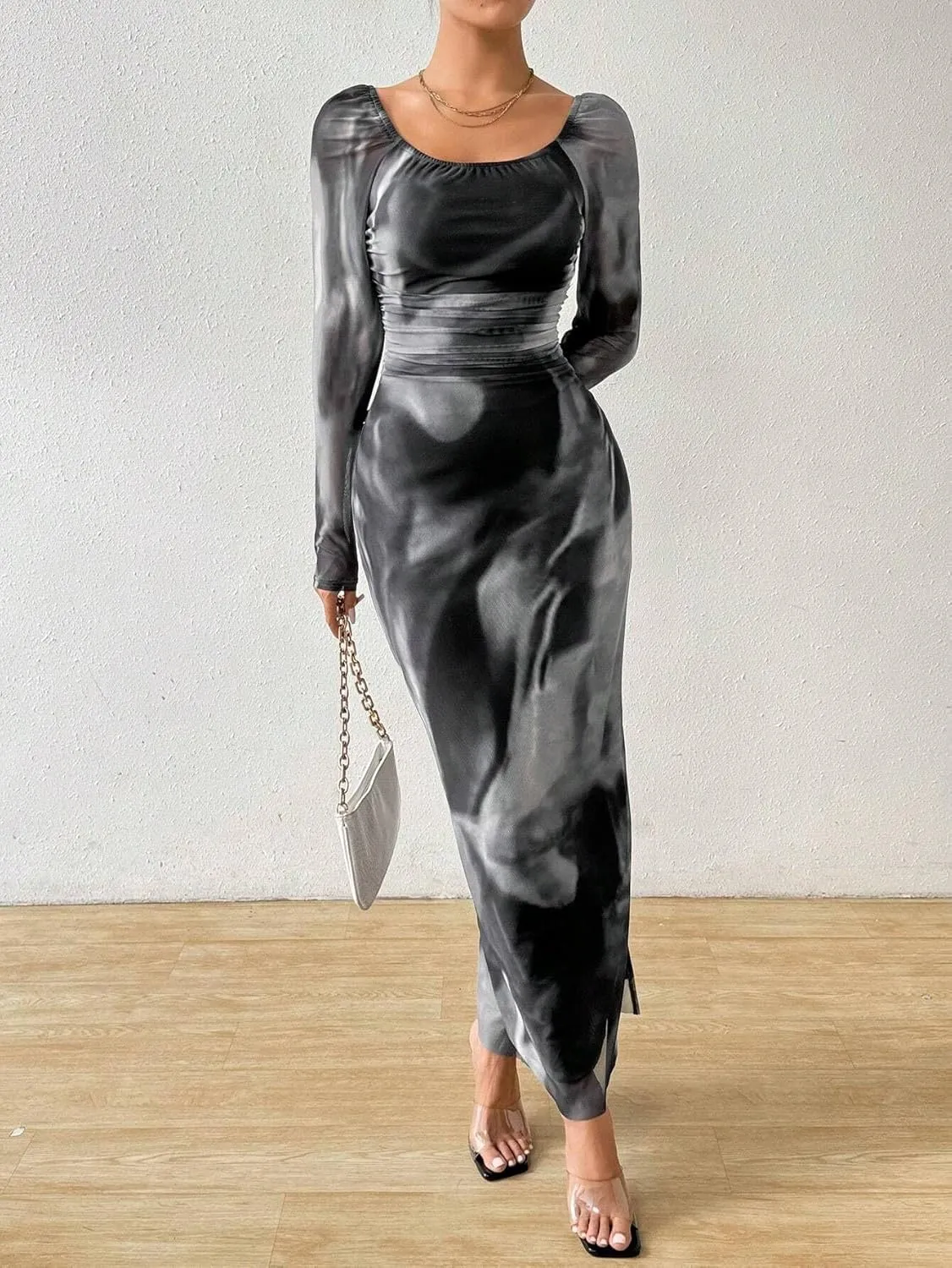 Women's Printed Off Shoulder Dress Long Sleeve Bodycon Maxi Dress Mesh Layered Side Slit
