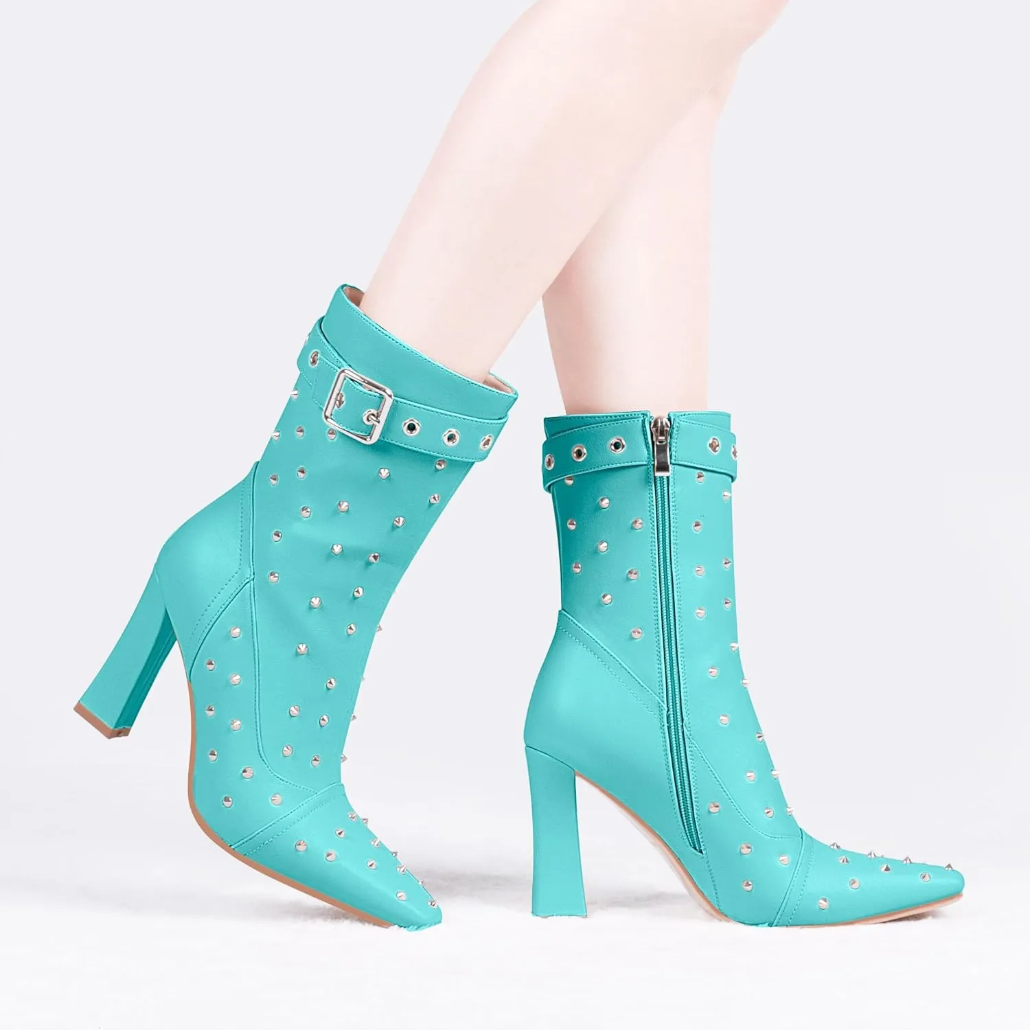 Women's Punk Rivet High Heel Square Toe Ankle Boots Buckle Strap Sexy Booties