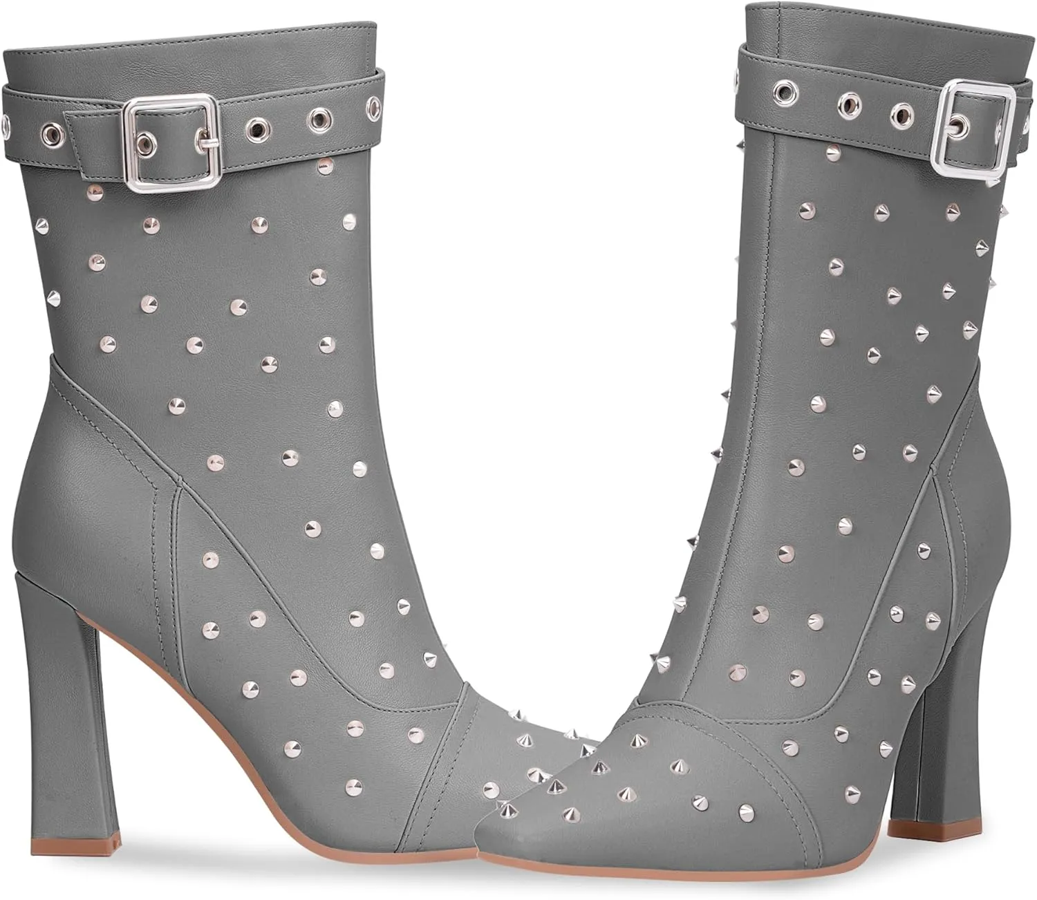 Women's Punk Rivet High Heel Square Toe Ankle Boots Buckle Strap Sexy Booties