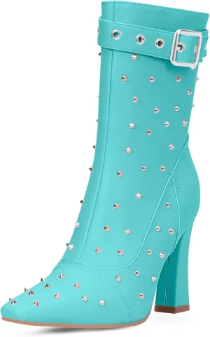 Women's Punk Rivet High Heel Square Toe Ankle Boots Buckle Strap Sexy Booties