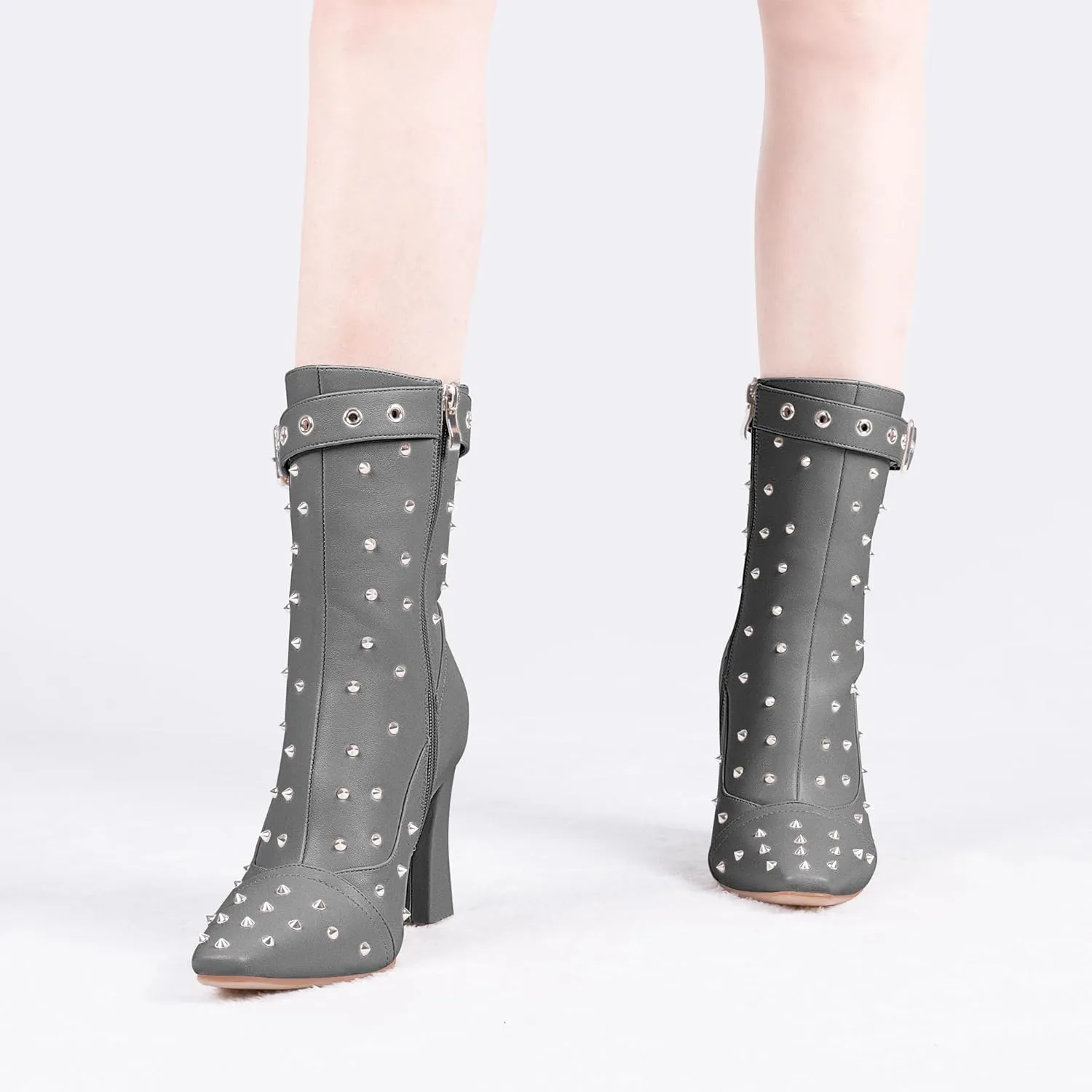 Women's Punk Rivet High Heel Square Toe Ankle Boots Buckle Strap Sexy Booties