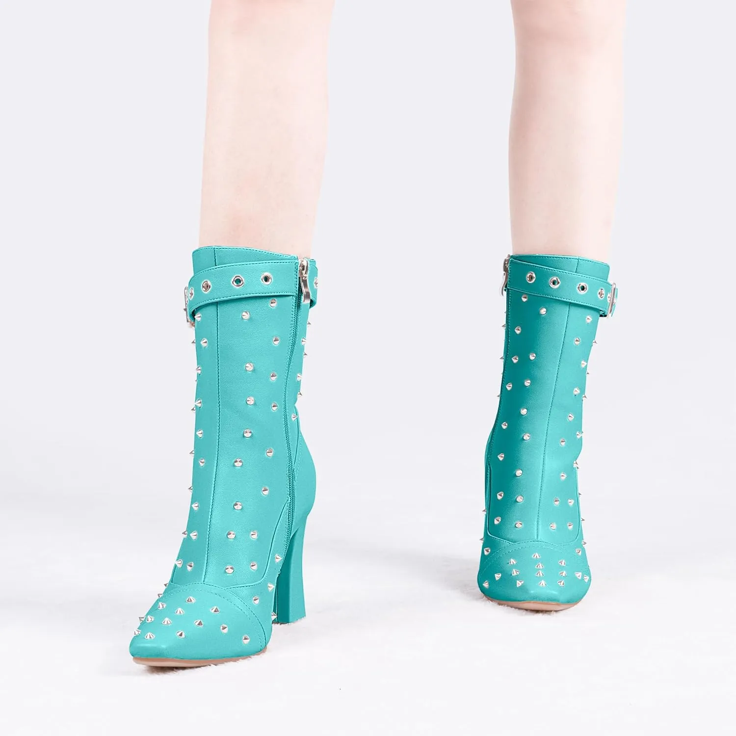 Women's Punk Rivet High Heel Square Toe Ankle Boots Buckle Strap Sexy Booties