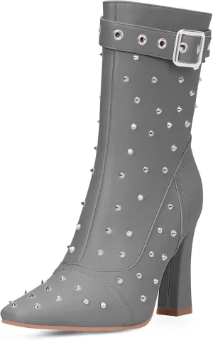 Women's Punk Rivet High Heel Square Toe Ankle Boots Buckle Strap Sexy Booties