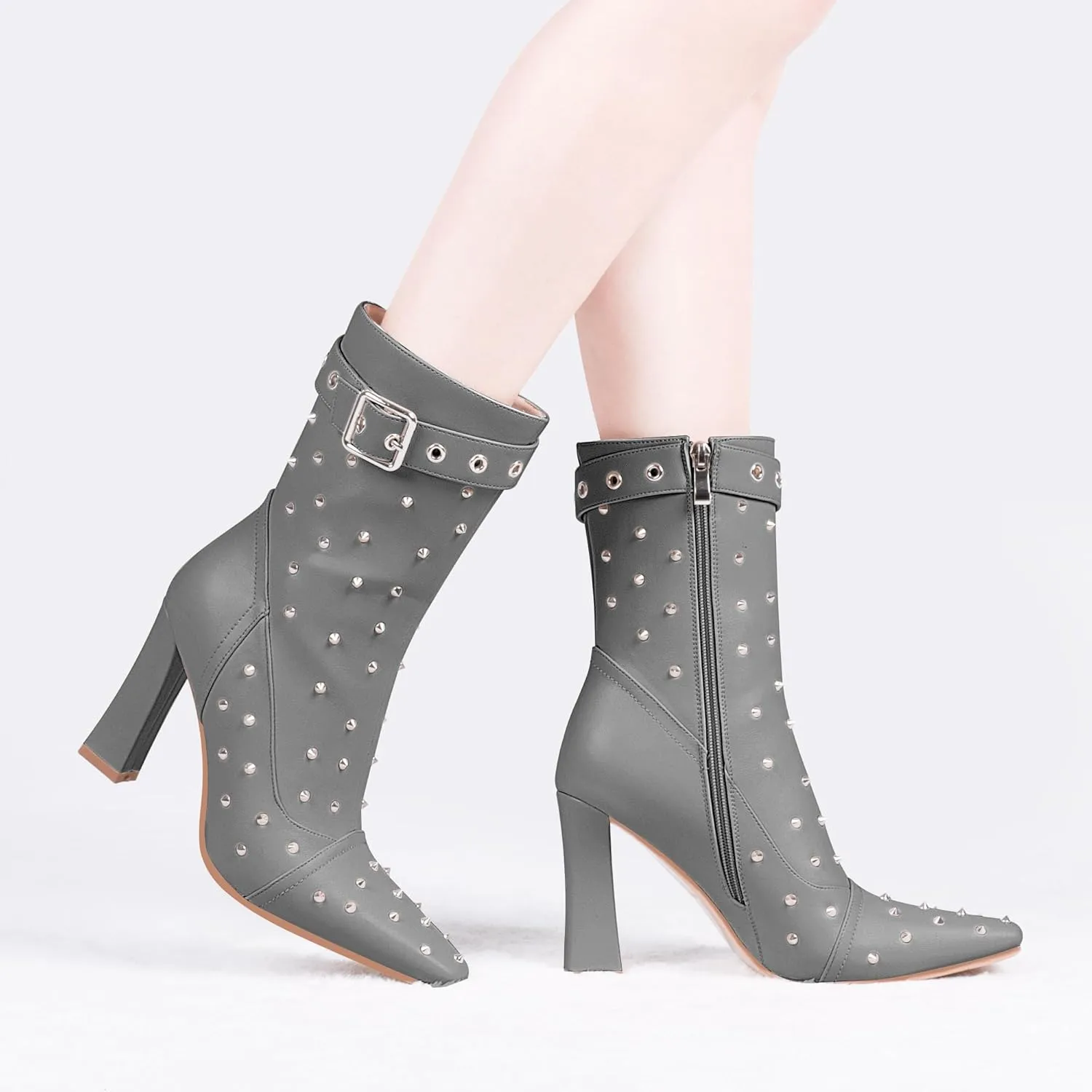 Women's Punk Rivet High Heel Square Toe Ankle Boots Buckle Strap Sexy Booties