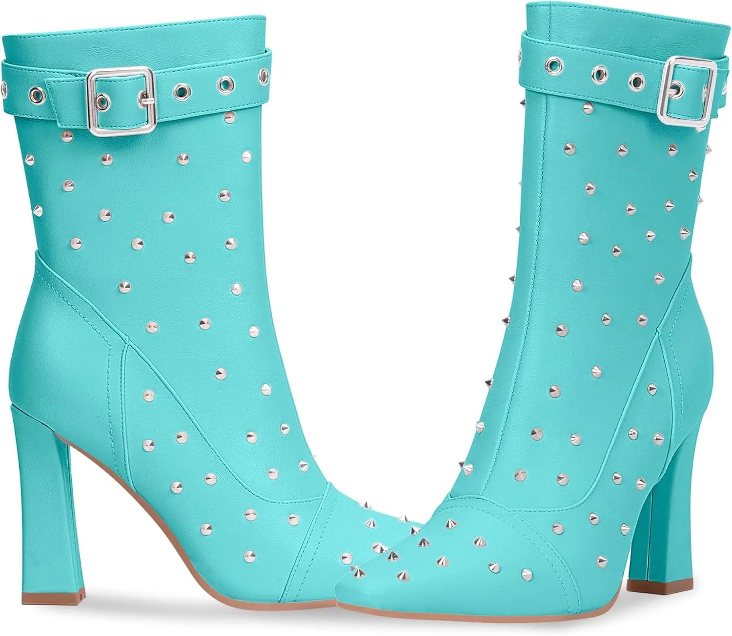 Women's Punk Rivet High Heel Square Toe Ankle Boots Buckle Strap Sexy Booties