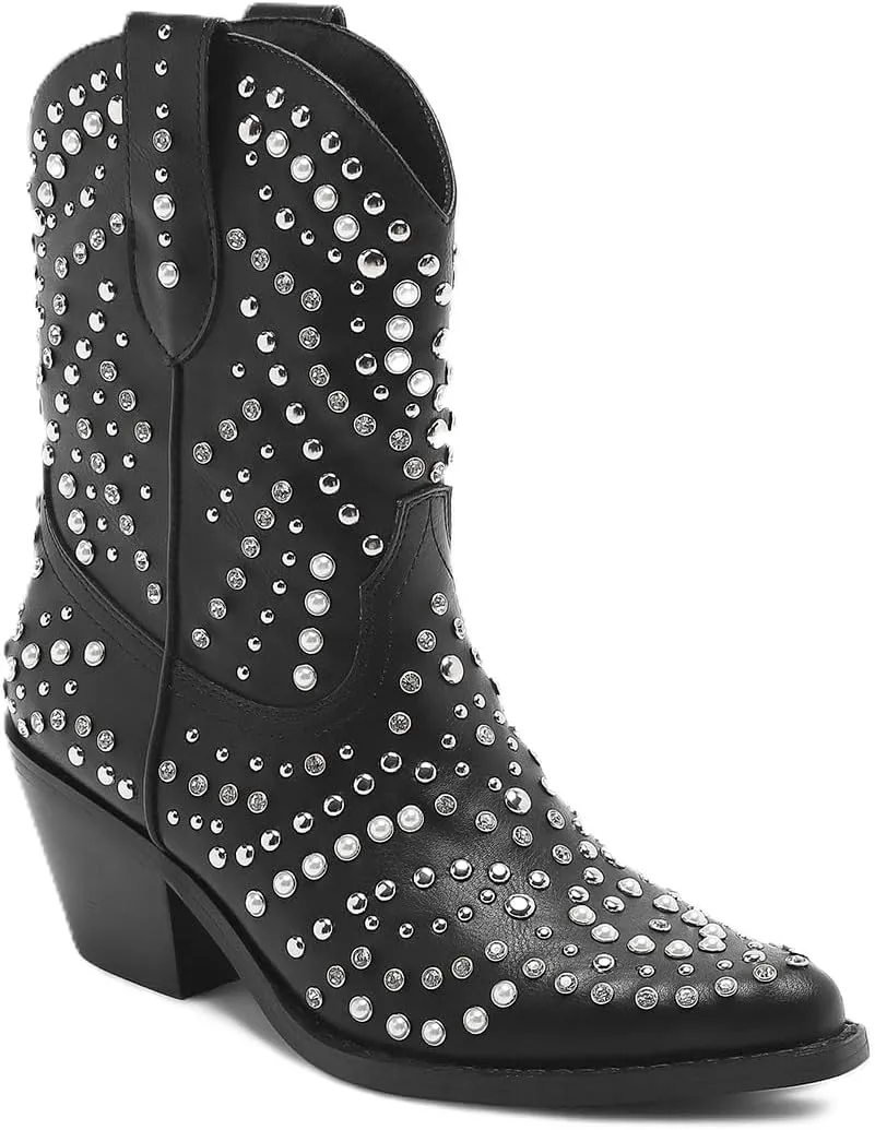 Women's Purple Studded Rhinestone Pearl Western-Modern Fusion Boots - Pointed Toe, Block Heel, Pull-On - Size Women's Boot