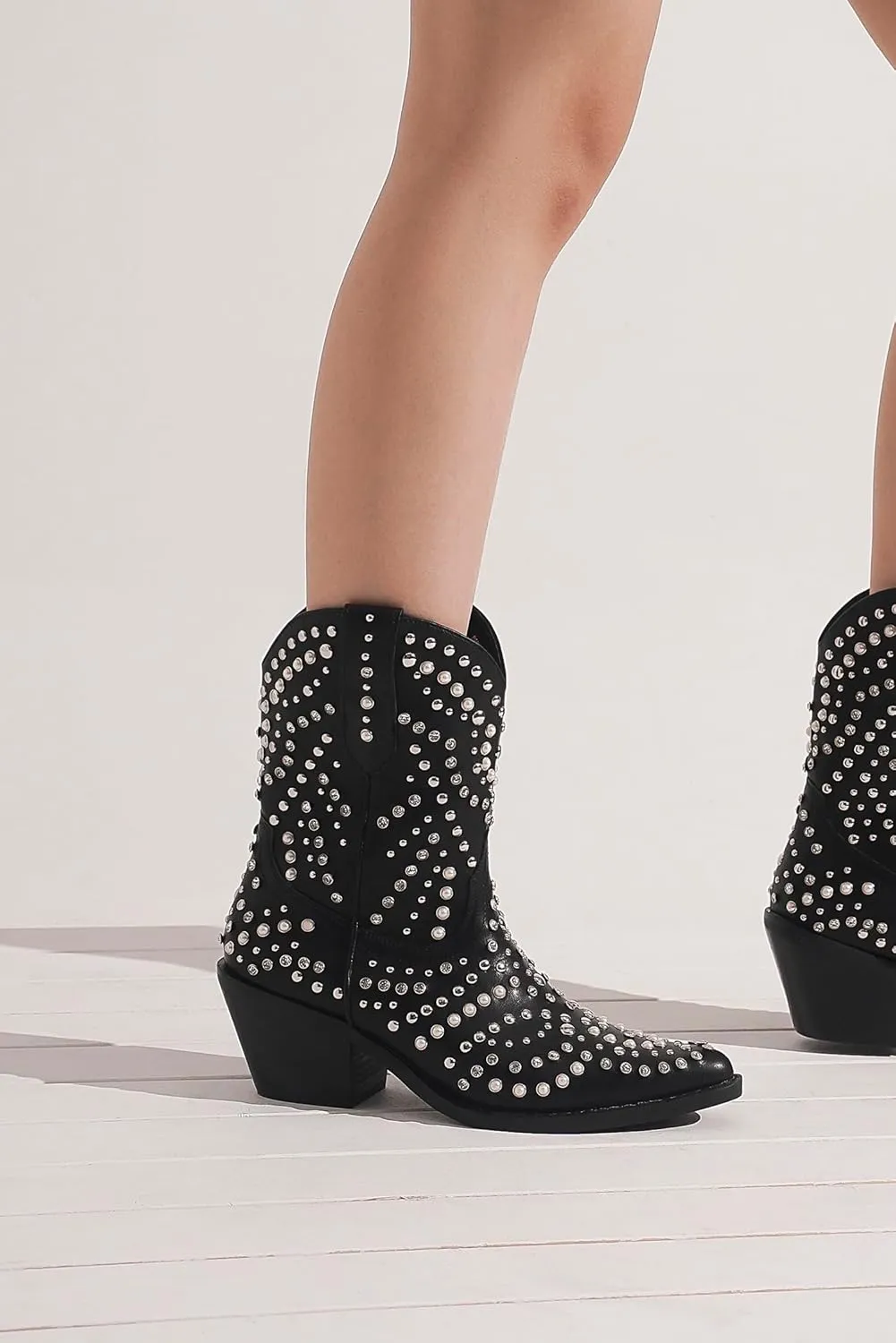 Women's Purple Studded Rhinestone Pearl Western-Modern Fusion Boots - Pointed Toe, Block Heel, Pull-On - Size Women's Boot