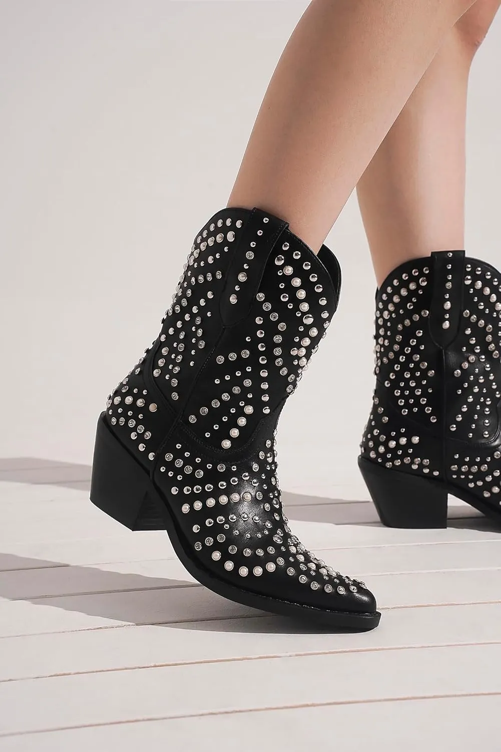 Women's Purple Studded Rhinestone Pearl Western-Modern Fusion Boots - Pointed Toe, Block Heel, Pull-On - Size Women's Boot
