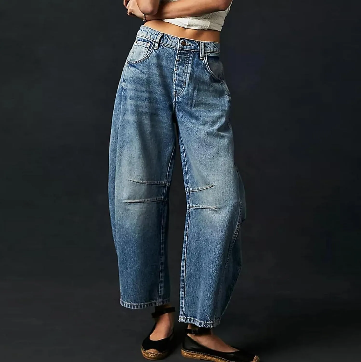 Women's Ripped Jeans Baggy Mid Waist Jeans Wide Leg Loose Boyfriend Denim Pants Straight Cropped Barrel Jeans, S-XL