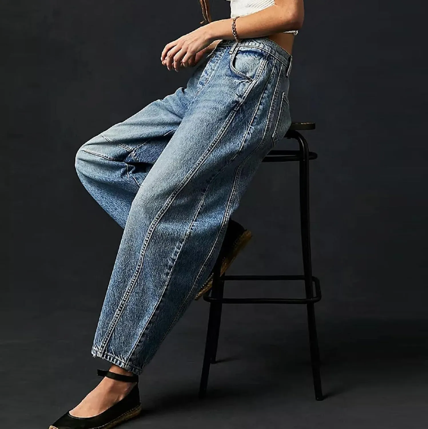 Women's Ripped Jeans Baggy Mid Waist Jeans Wide Leg Loose Boyfriend Denim Pants Straight Cropped Barrel Jeans, S-XL
