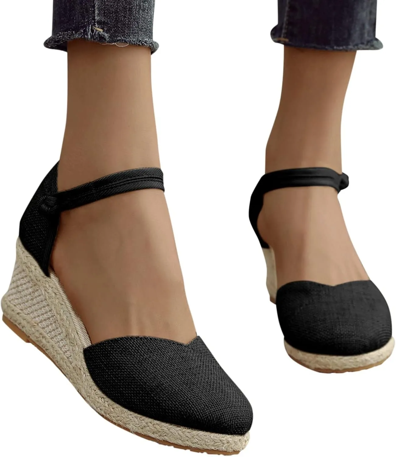 Womens Sandals Closed Toe Linen Wedge Sandals Buckle Ankle Strap Platform Comfortable Breathable Beach Sandals