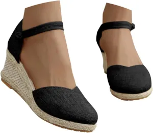Womens Sandals Closed Toe Linen Wedge Sandals Buckle Ankle Strap Platform Comfortable Breathable Beach Sandals