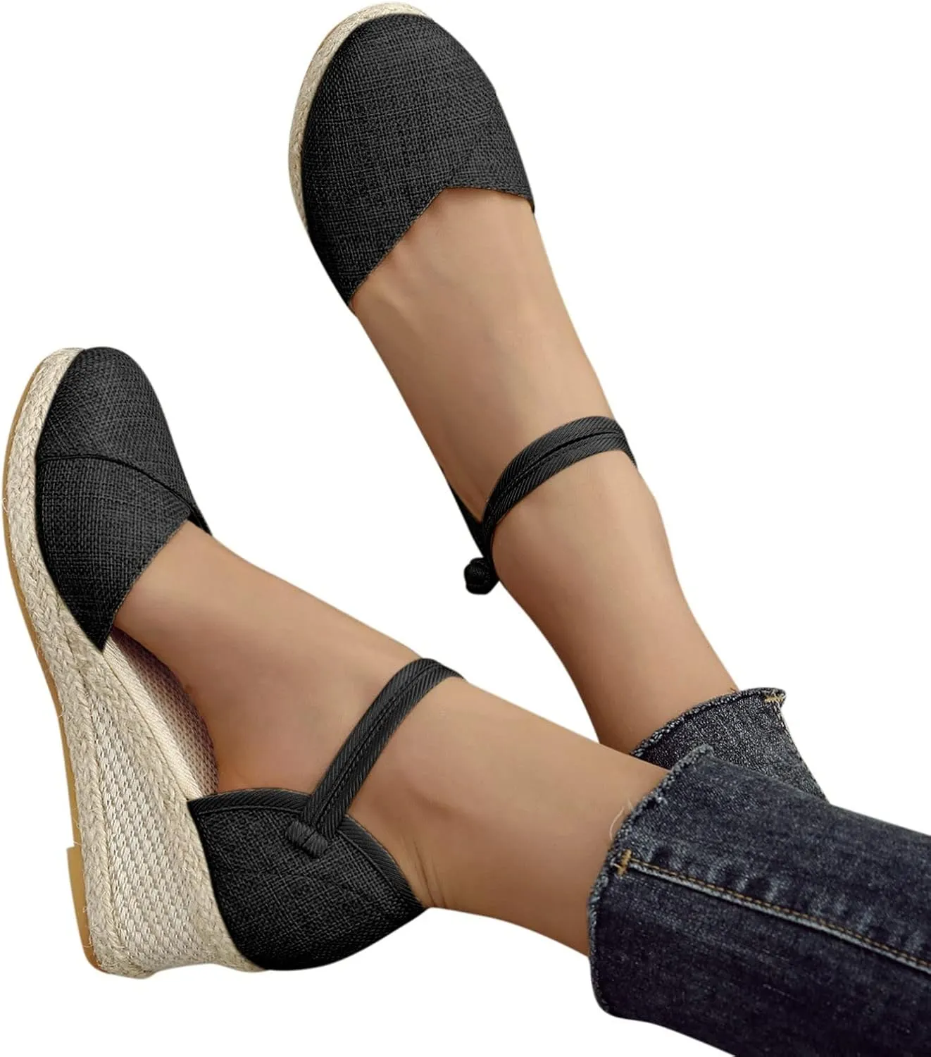 Womens Sandals Closed Toe Linen Wedge Sandals Buckle Ankle Strap Platform Comfortable Breathable Beach Sandals