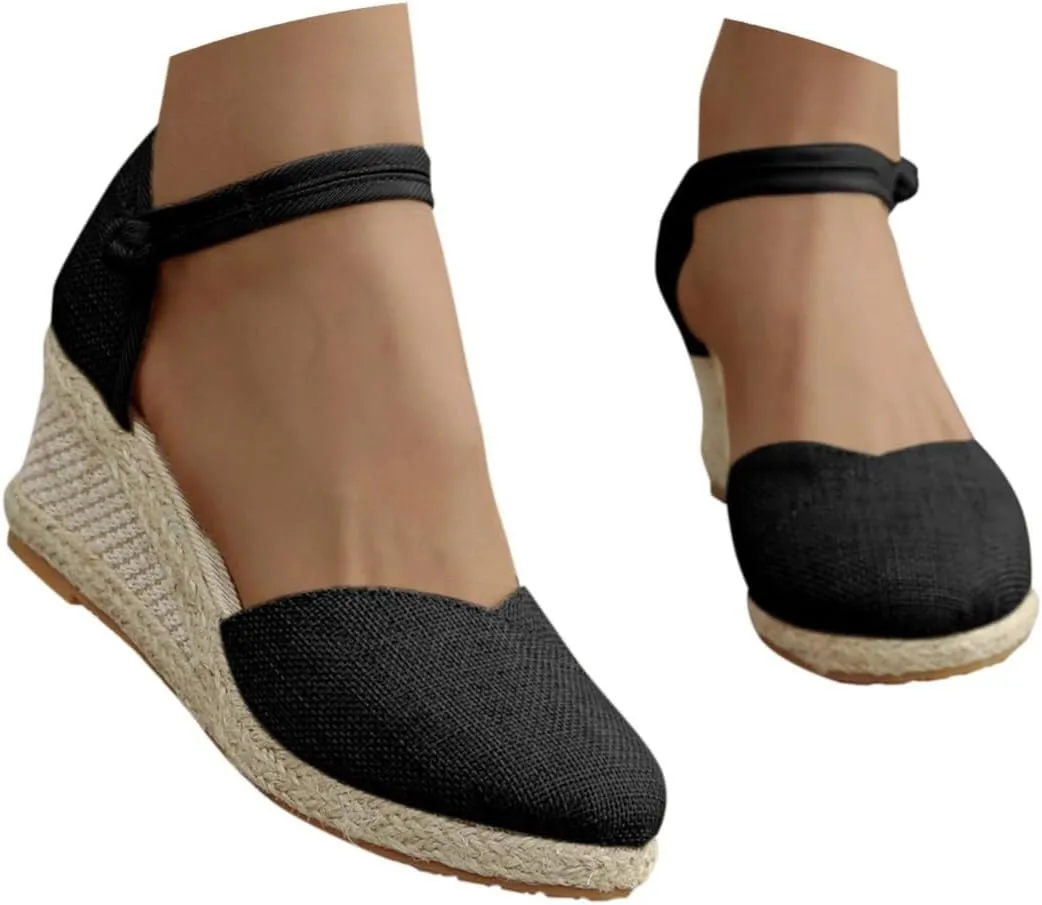 Womens Sandals Closed Toe Linen Wedge Sandals Buckle Ankle Strap Platform Comfortable Breathable Beach Sandals