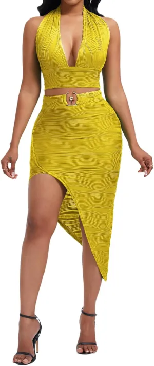 Women's Sexy Clubwear 2 Piece Set Halter Crop Top & High-Slit Bodycon Skirt for Night Out