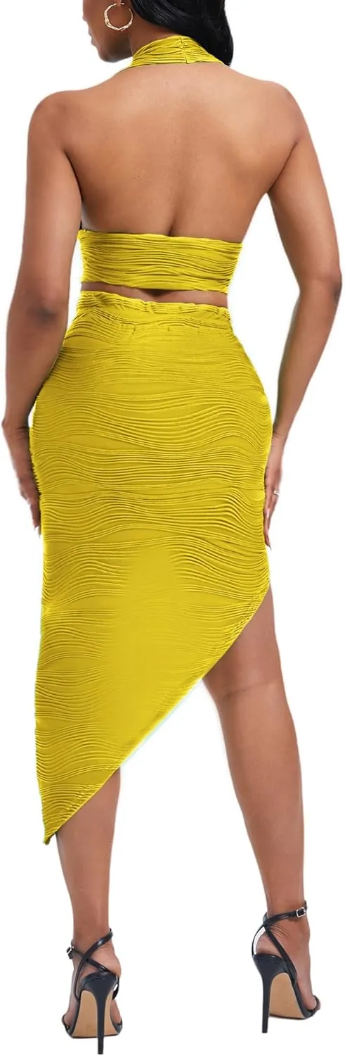 Women's Sexy Clubwear 2 Piece Set Halter Crop Top & High-Slit Bodycon Skirt for Night Out