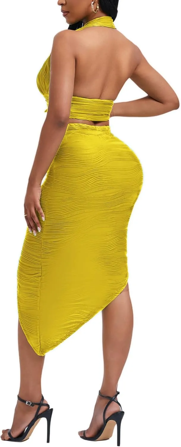 Women's Sexy Clubwear 2 Piece Set Halter Crop Top & High-Slit Bodycon Skirt for Night Out