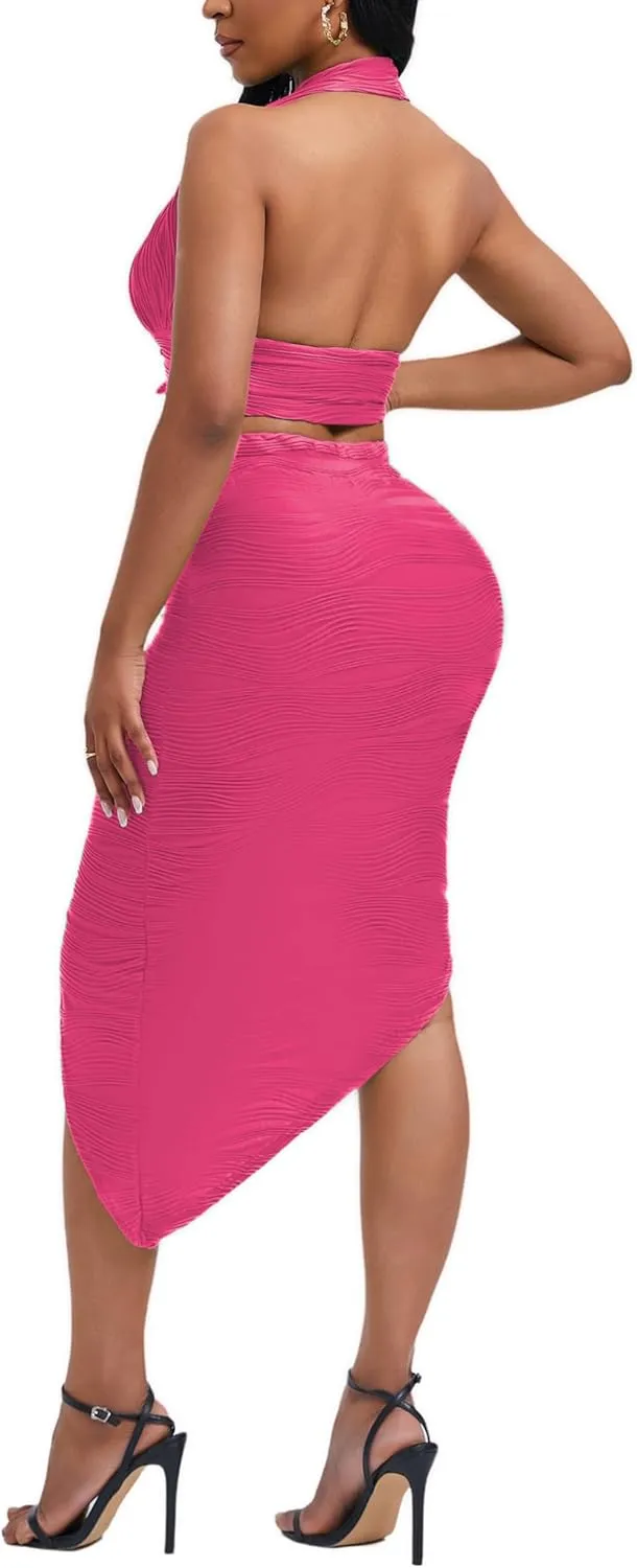 Women's Sexy Clubwear 2 Piece Set Halter Crop Top & High-Slit Bodycon Skirt for Night Out